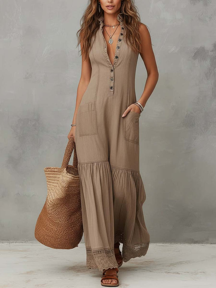 Claudia – Vestido largo elegante sin mangas en tono arena