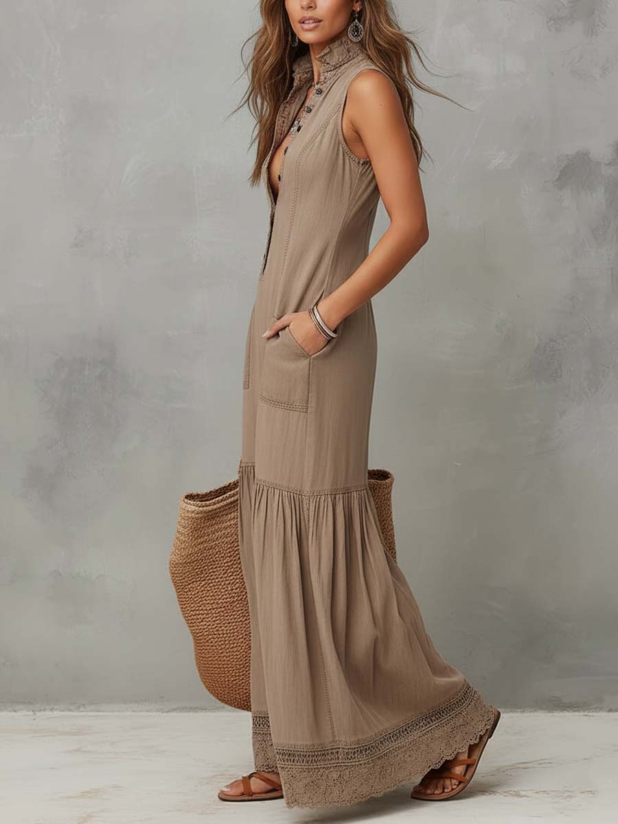 Claudia – Vestido largo elegante sin mangas en tono arena