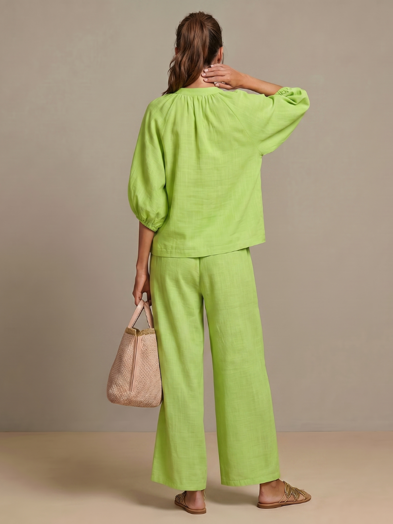 Natalia – Conjunto de blusa elegante y pantalones de pierna ancha