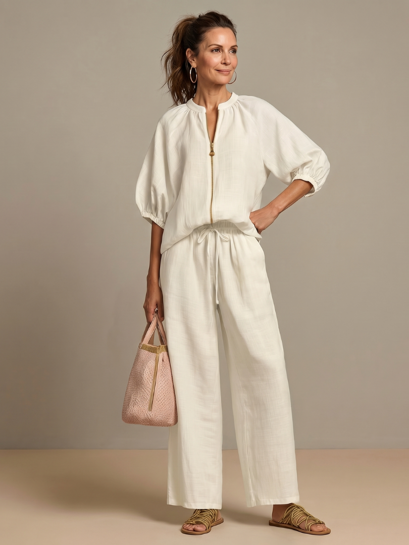 Natalia – Conjunto de blusa elegante y pantalones de pierna ancha