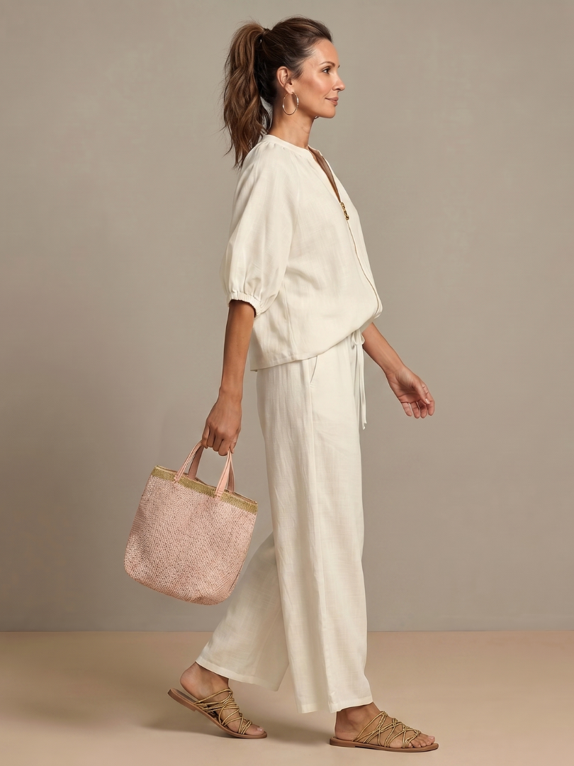 Natalia – Conjunto de blusa elegante y pantalones de pierna ancha