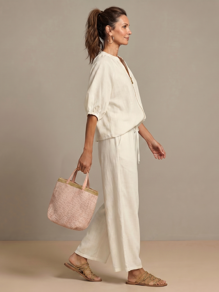 Natalia – Conjunto de blusa elegante y pantalones de pierna ancha