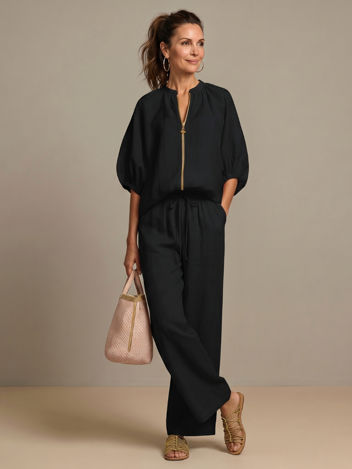 Natalia – Conjunto de blusa elegante y pantalones de pierna ancha