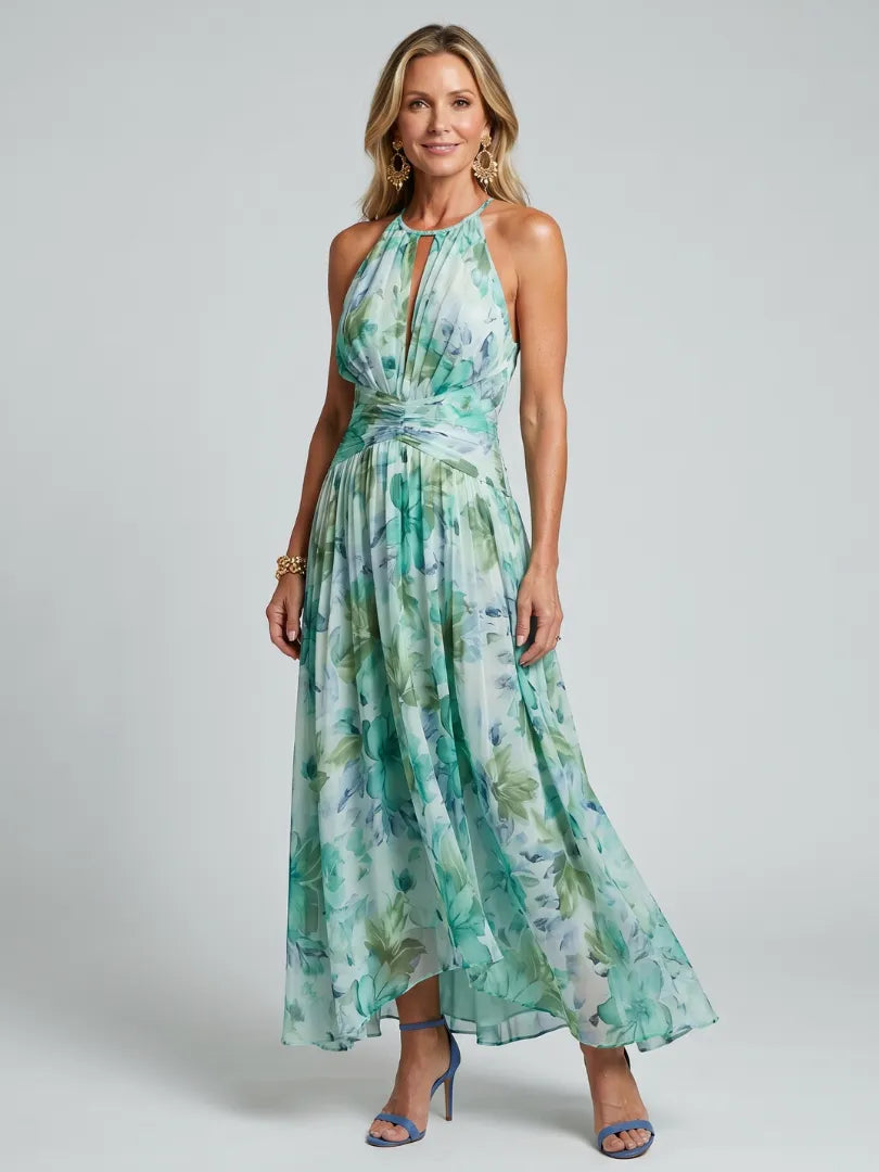 Sofía – Vestido midi halter con plisado floral