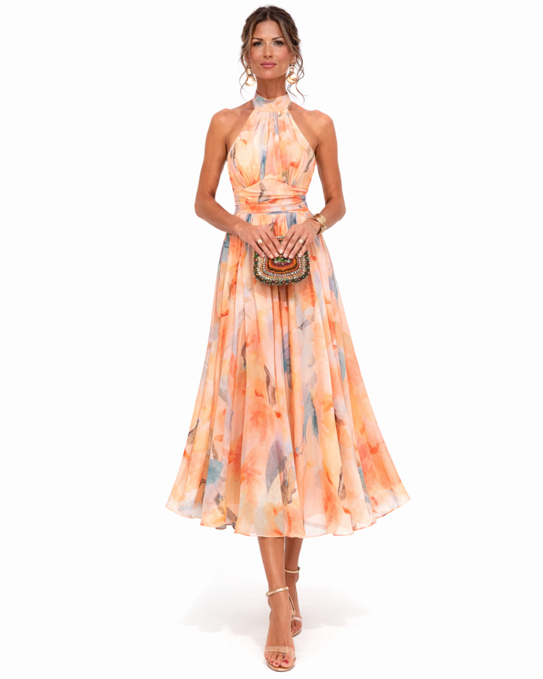 Dolores – Vestido largo fluido con cuello halter y estampado elegante