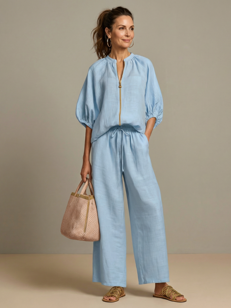Natalia – Conjunto de blusa elegante y pantalones de pierna ancha