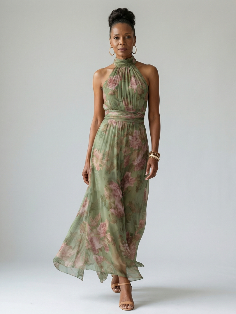 Laura – Vestido midi halter con fruncido floral