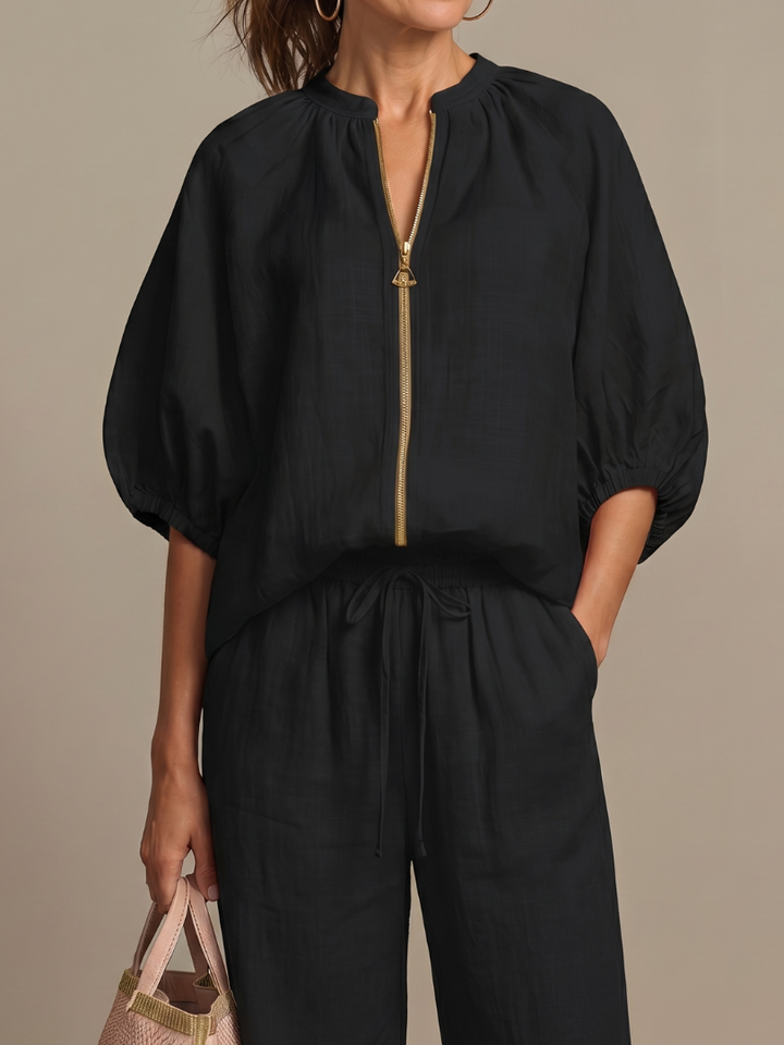 Natalia – Conjunto de blusa elegante y pantalones de pierna ancha