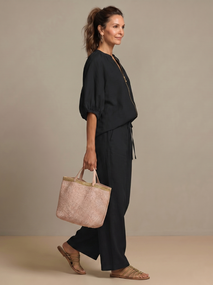 Natalia – Conjunto de blusa elegante y pantalones de pierna ancha