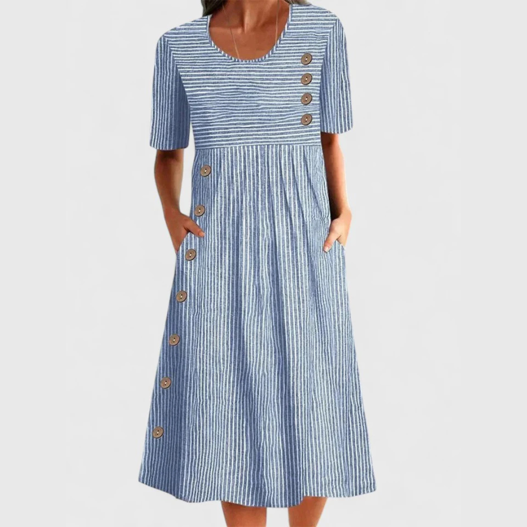 Sofía – Vestido midi rayas verticales con bolsillos