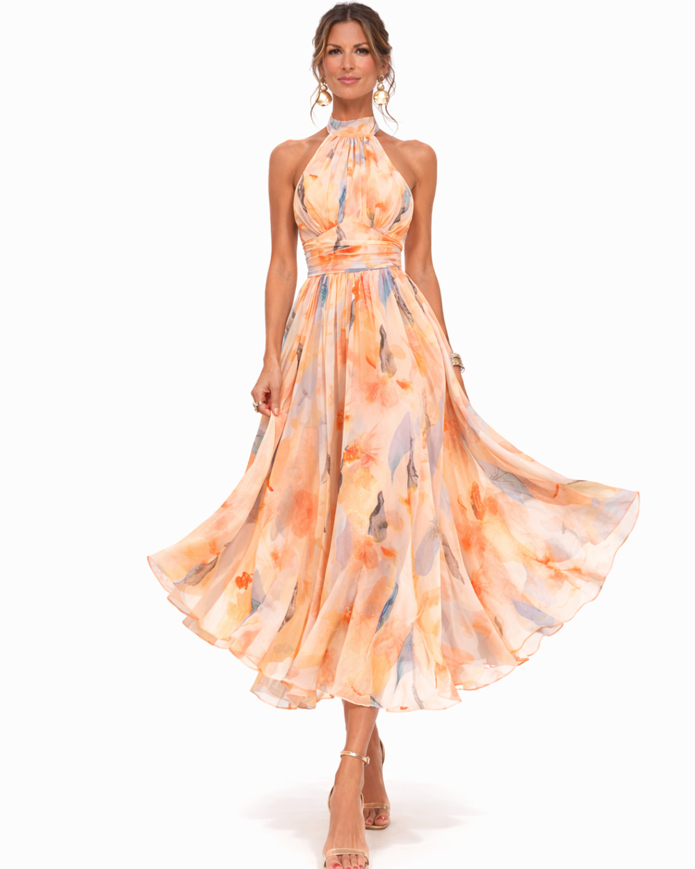 Dolores – Vestido largo fluido con cuello halter y estampado elegante