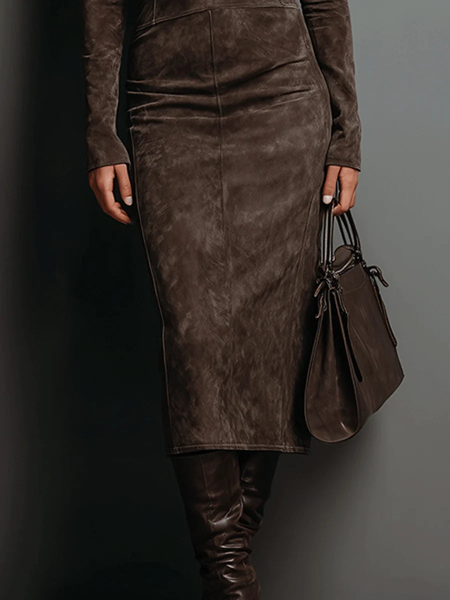 Lorena – Vestido midi largo elegante marrón