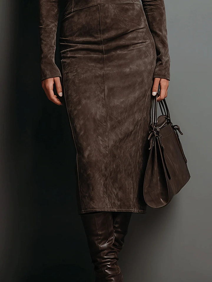 Lorena – Vestido midi largo elegante marrón