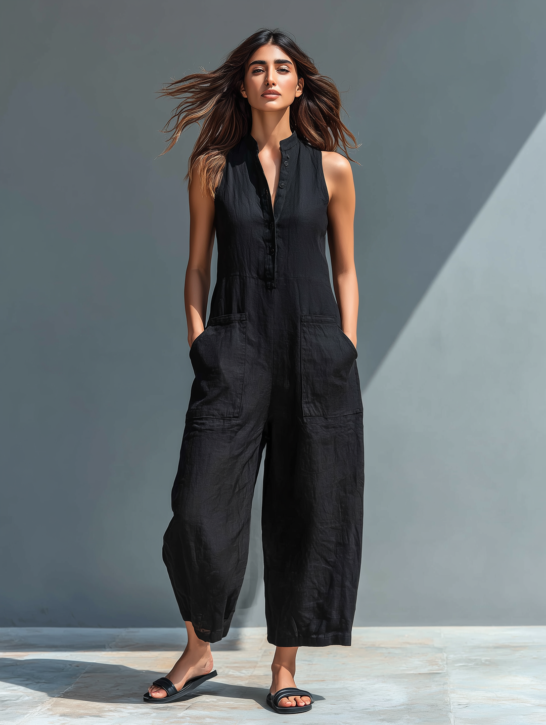 Claudia – Mono elegante sin mangas, cuello alto y botones