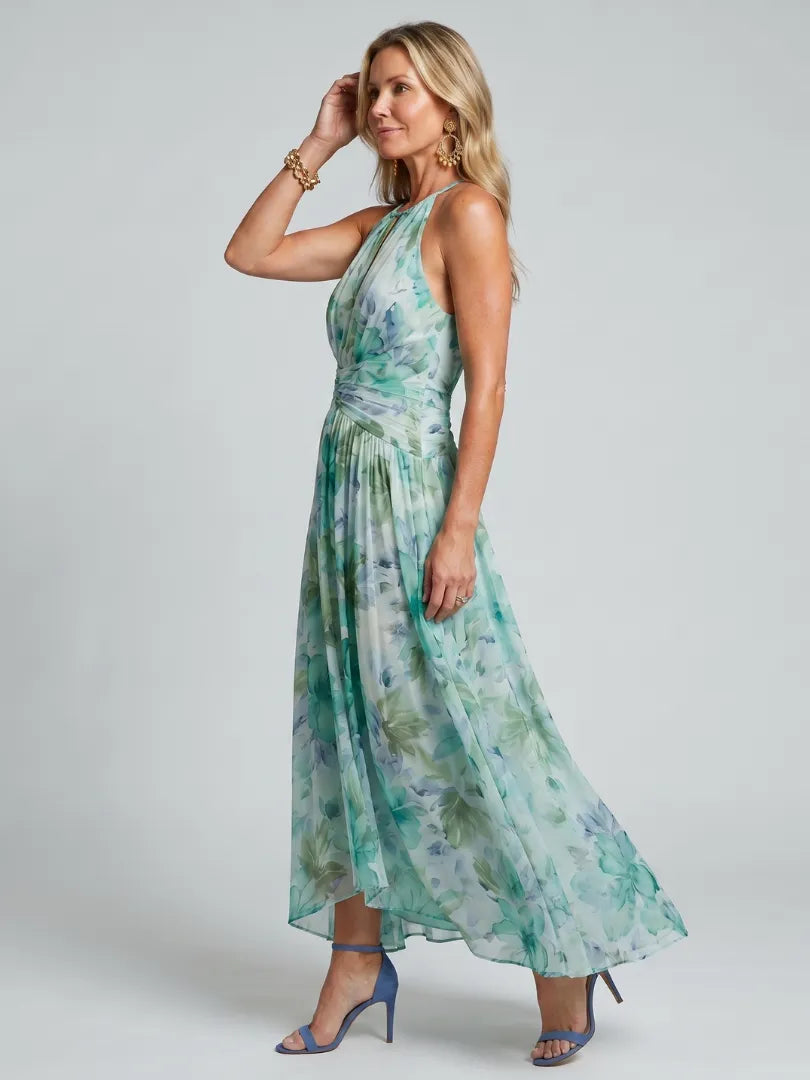 Sofía – Vestido midi halter con plisado floral