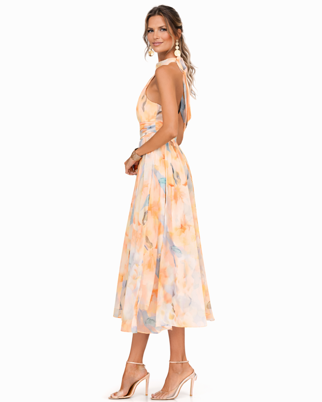 Dolores – Vestido largo fluido con cuello halter y estampado elegante