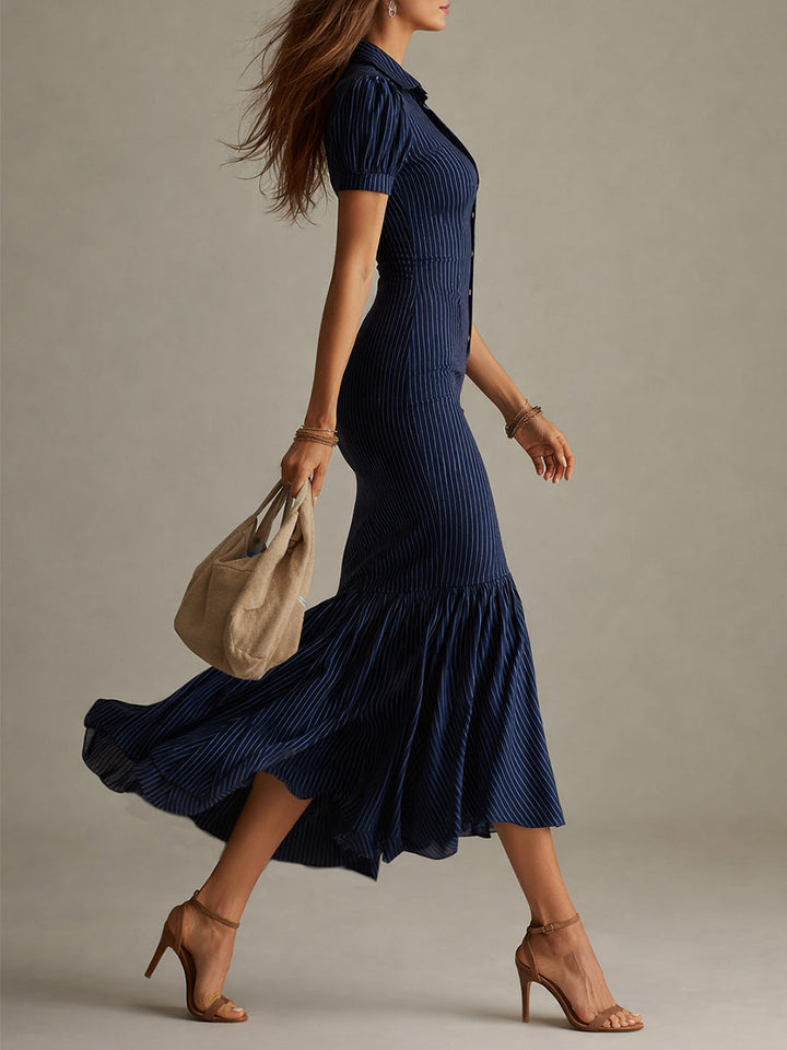 Soraya – Vestido largo entallado elegante con rayas y bajo con vuelo