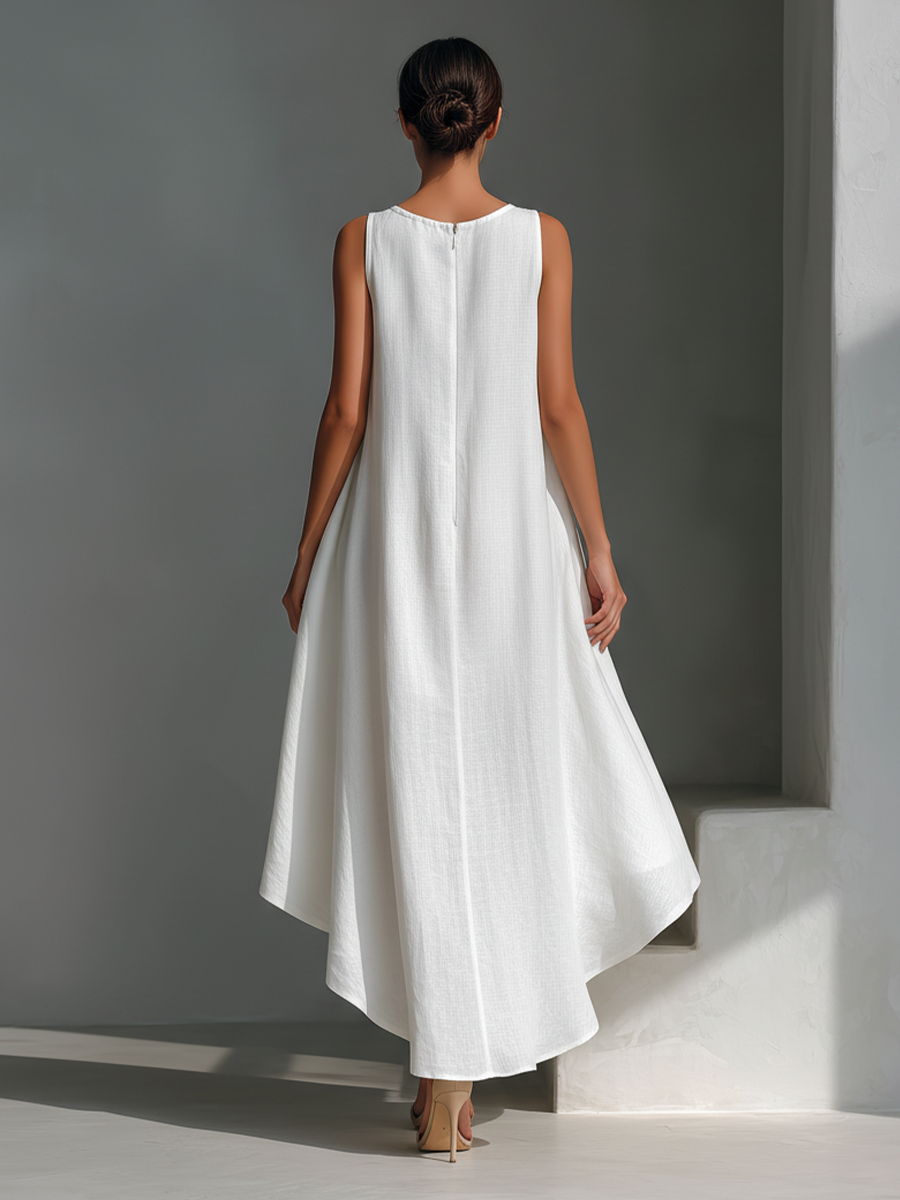 Elena – Vestido midi blanco con corte asimétrico elegante