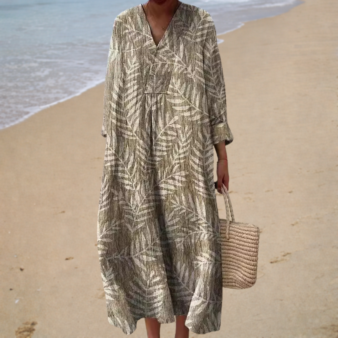 Léonie – Vestido largo escote en V estampado natural