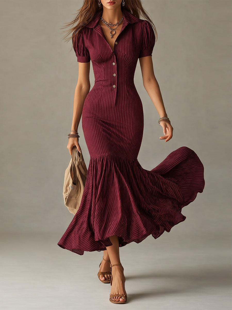 Soraya – Vestido largo entallado elegante con rayas y bajo con vuelo