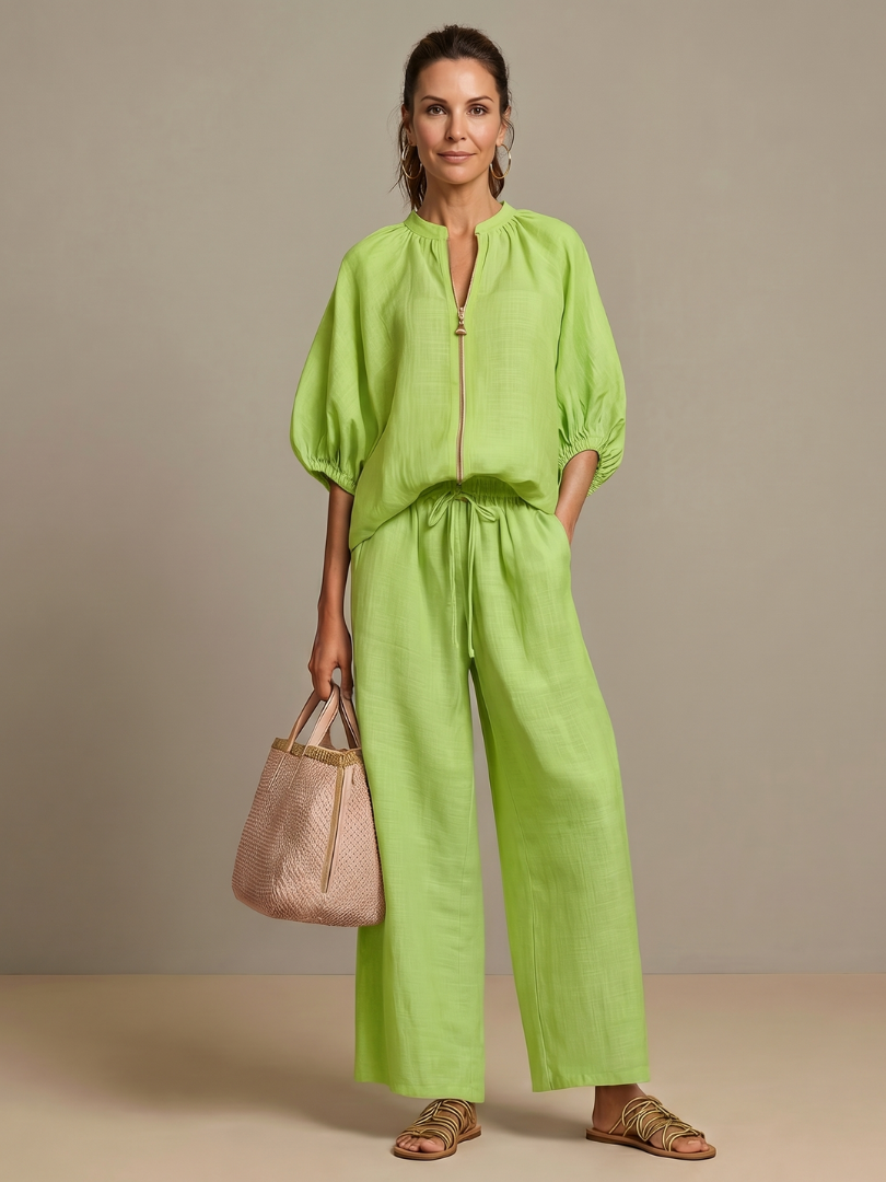 Natalia – Conjunto de blusa elegante y pantalones de pierna ancha