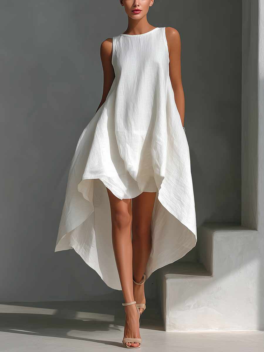 Elena – Vestido midi blanco con corte asimétrico elegante