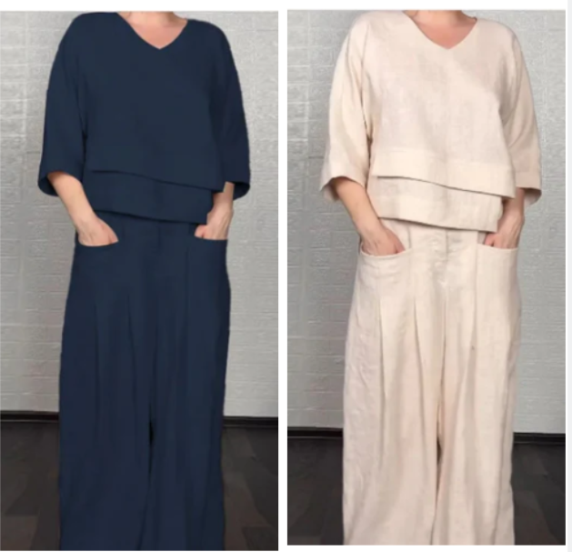 Isabella – Conjunto de dos piezas con bajo irregular, top con escote en V y pantalón de pierna ancha, elegante y con estilo sin esfuerzo