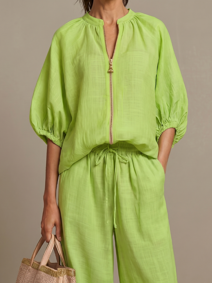 Natalia – Conjunto de blusa elegante y pantalones de pierna ancha