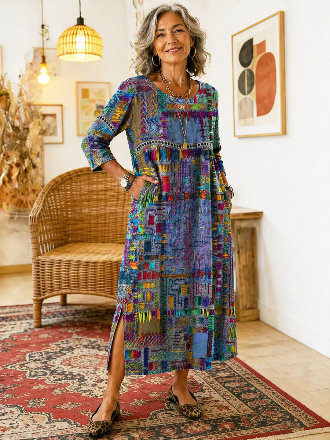 Isabelle – Vestido boho multicolor patchwork étnico