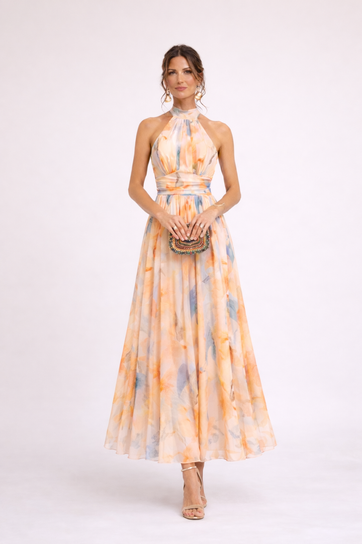 Camille – Elegante vestido halter acuarela