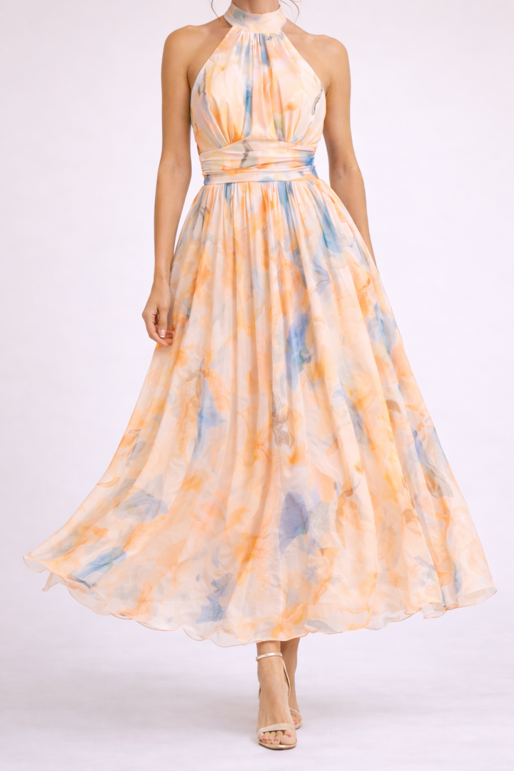 Camille – Elegante vestido halter acuarela