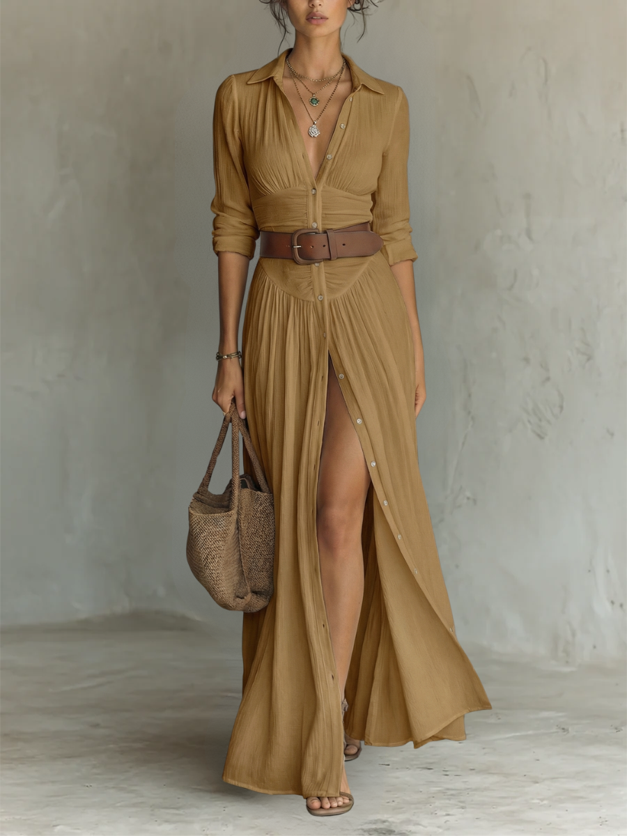 Sofía – Vestido maxi cuello solapa y manga larga