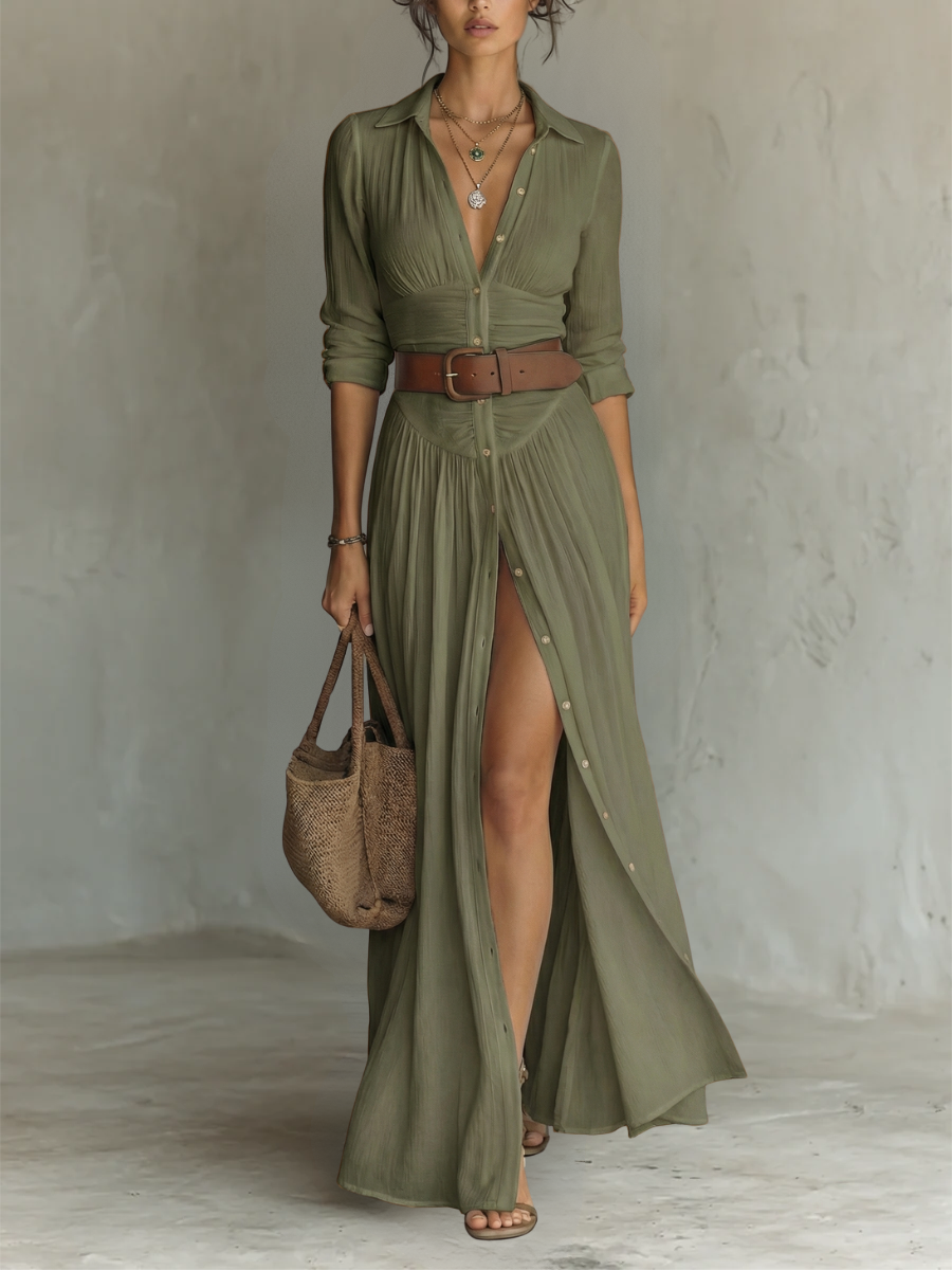 Sofía – Vestido maxi cuello solapa y manga larga