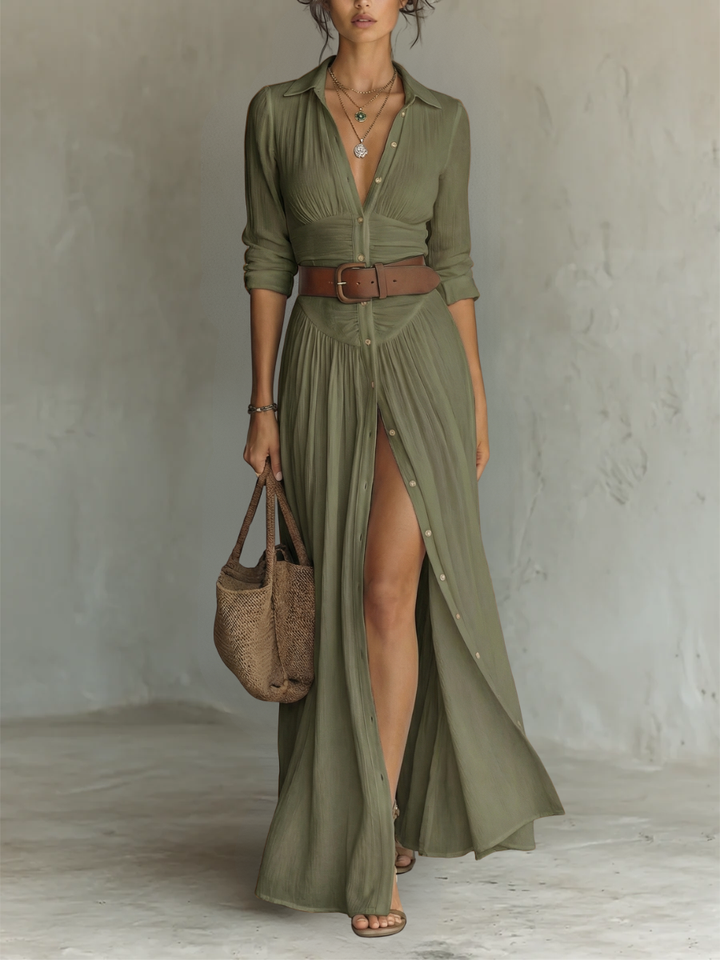 Sofía – Vestido maxi cuello solapa y manga larga