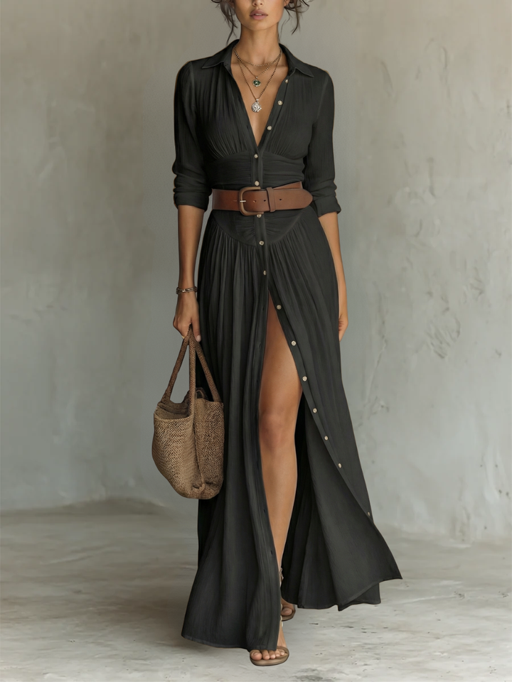 Sofía – Vestido maxi cuello solapa y manga larga