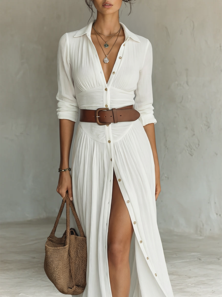Sofía – Vestido maxi cuello solapa y manga larga