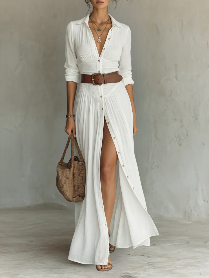 Sofía – Vestido maxi cuello solapa y manga larga