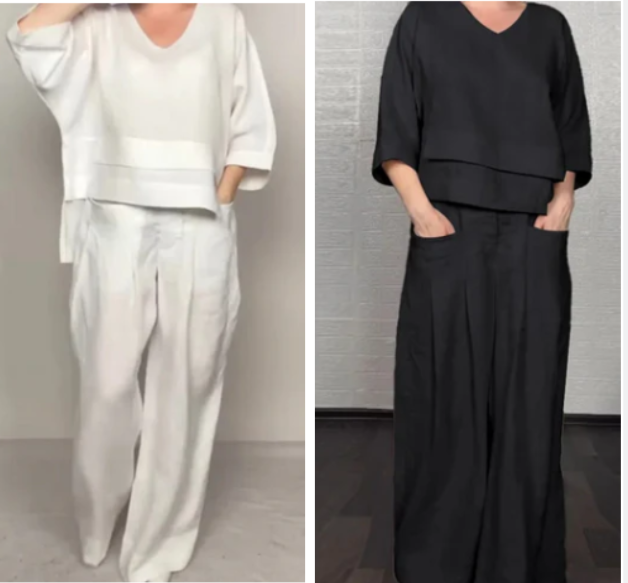Isabella – Conjunto de dos piezas con bajo irregular, top con escote en V y pantalón de pierna ancha, elegante y con estilo sin esfuerzo
