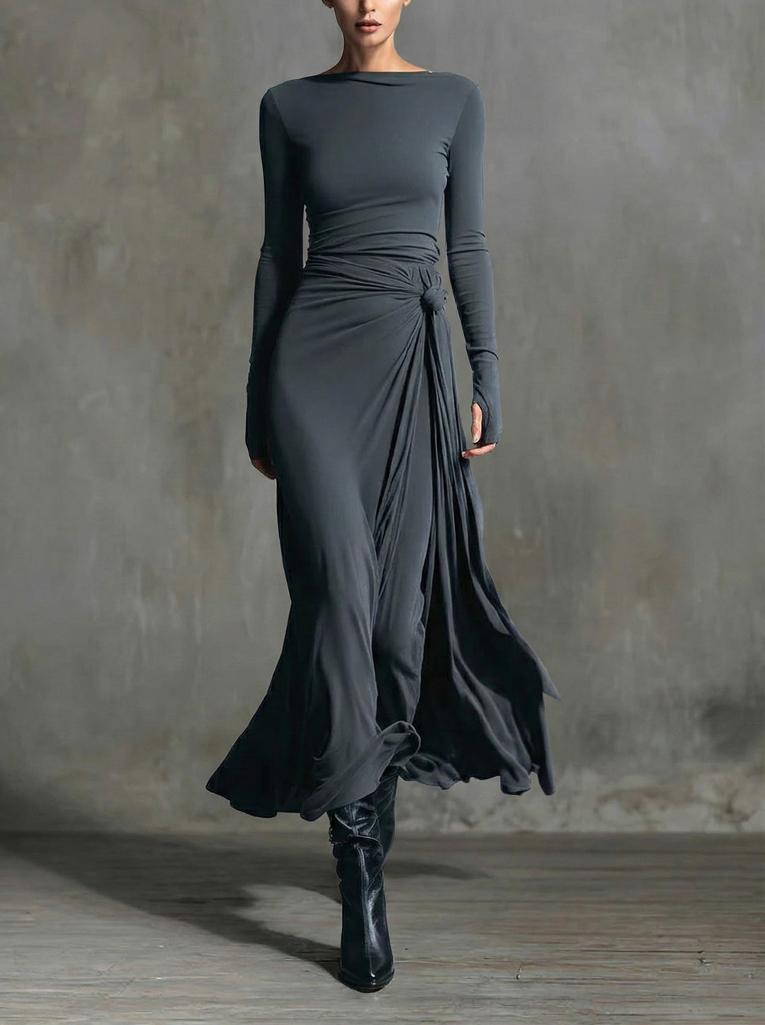 Naiara – Vestido maxi elegante con nudo lateral