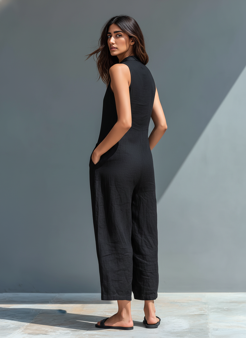 Claudia – Mono elegante sin mangas, cuello alto y botones