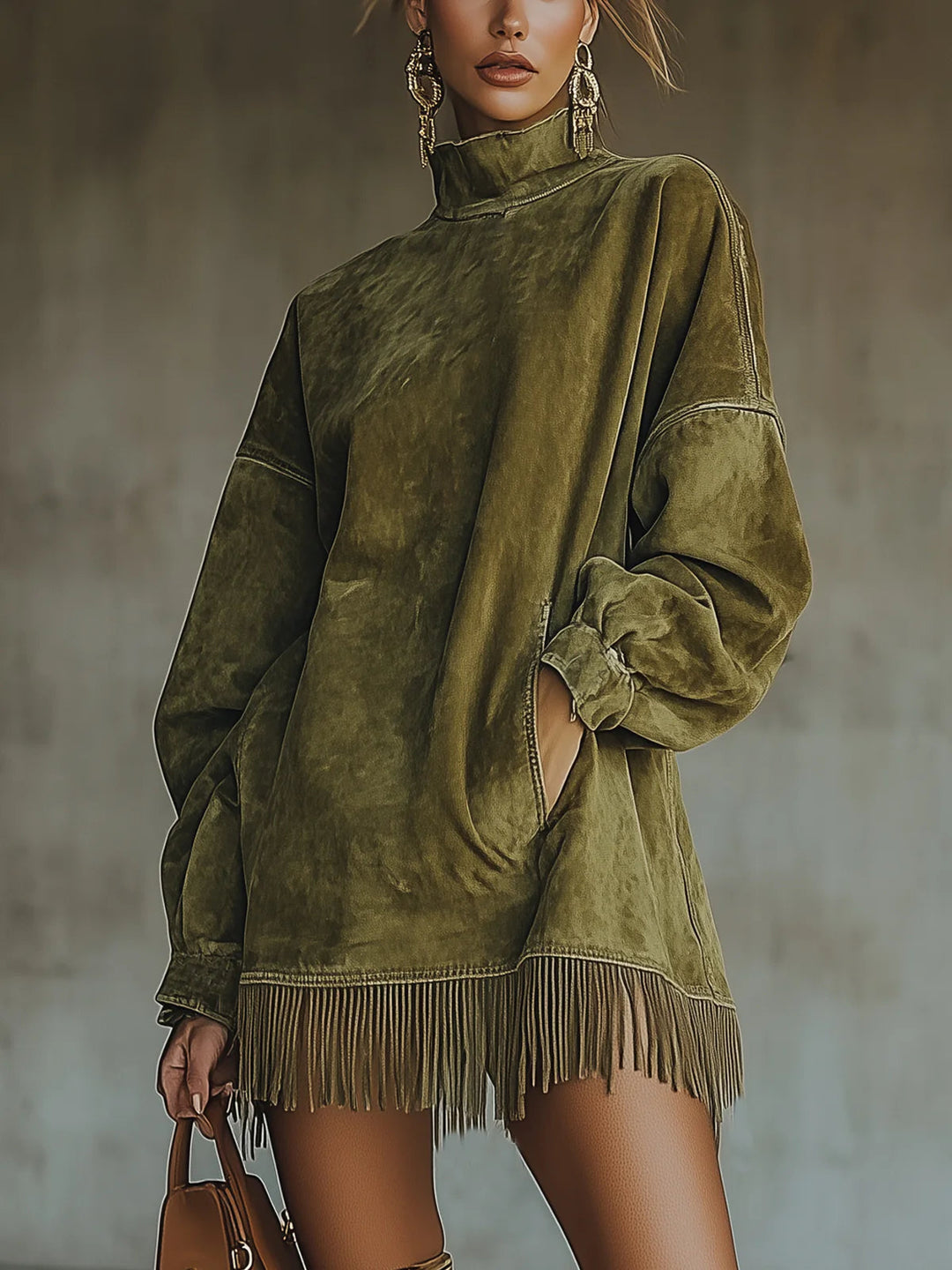 Gabriela – Vestido elegante con cuello alto y flecos