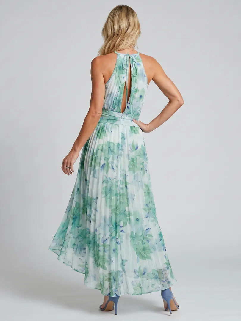 Sofía – Vestido midi halter con plisado floral
