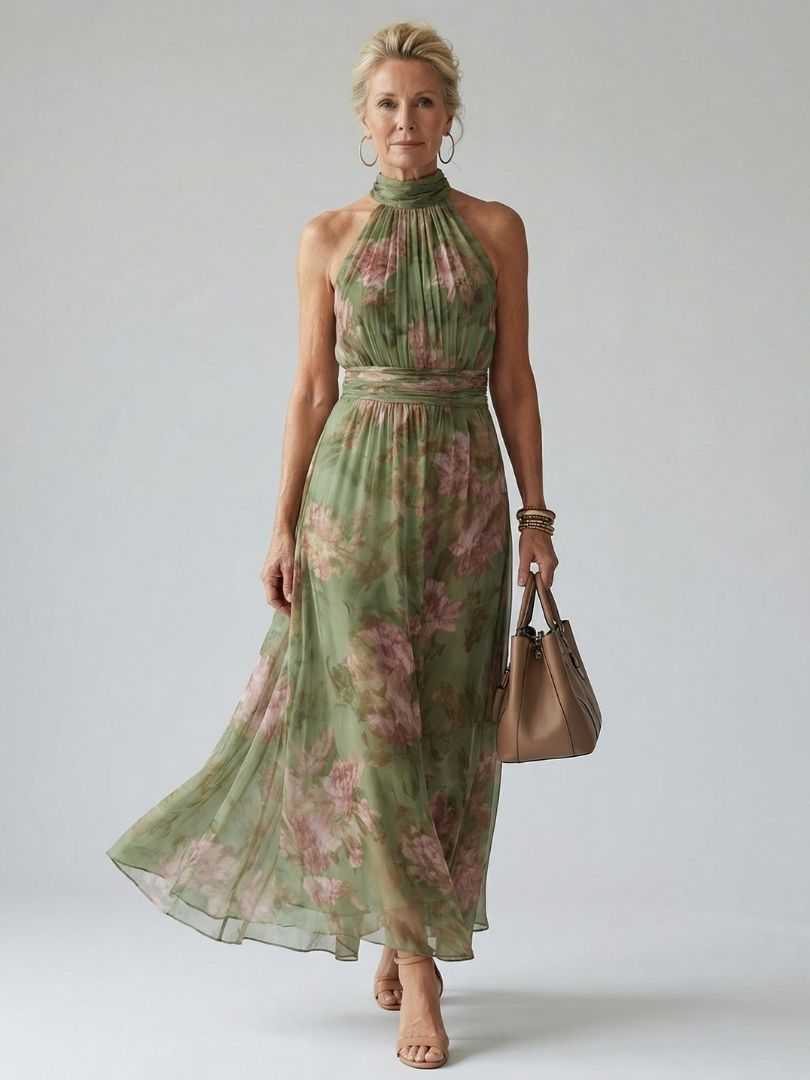 Laura – Vestido midi halter con fruncido floral