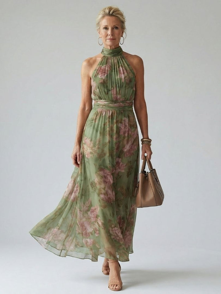 Laura – Vestido midi halter con fruncido floral