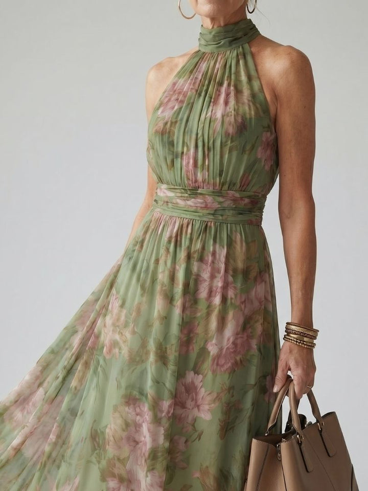Laura – Vestido midi halter con fruncido floral