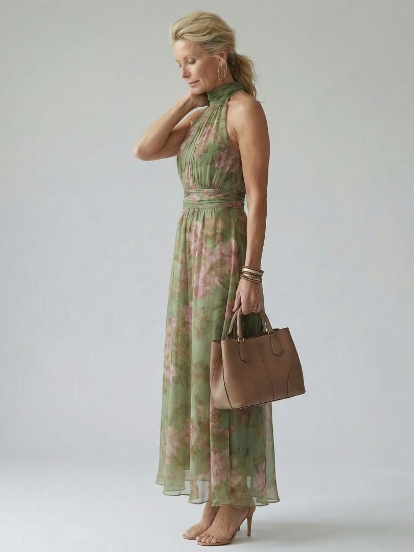 Laura – Vestido midi halter con fruncido floral