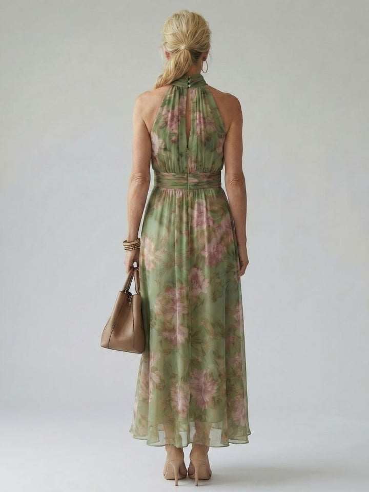 Laura – Vestido midi halter con fruncido floral