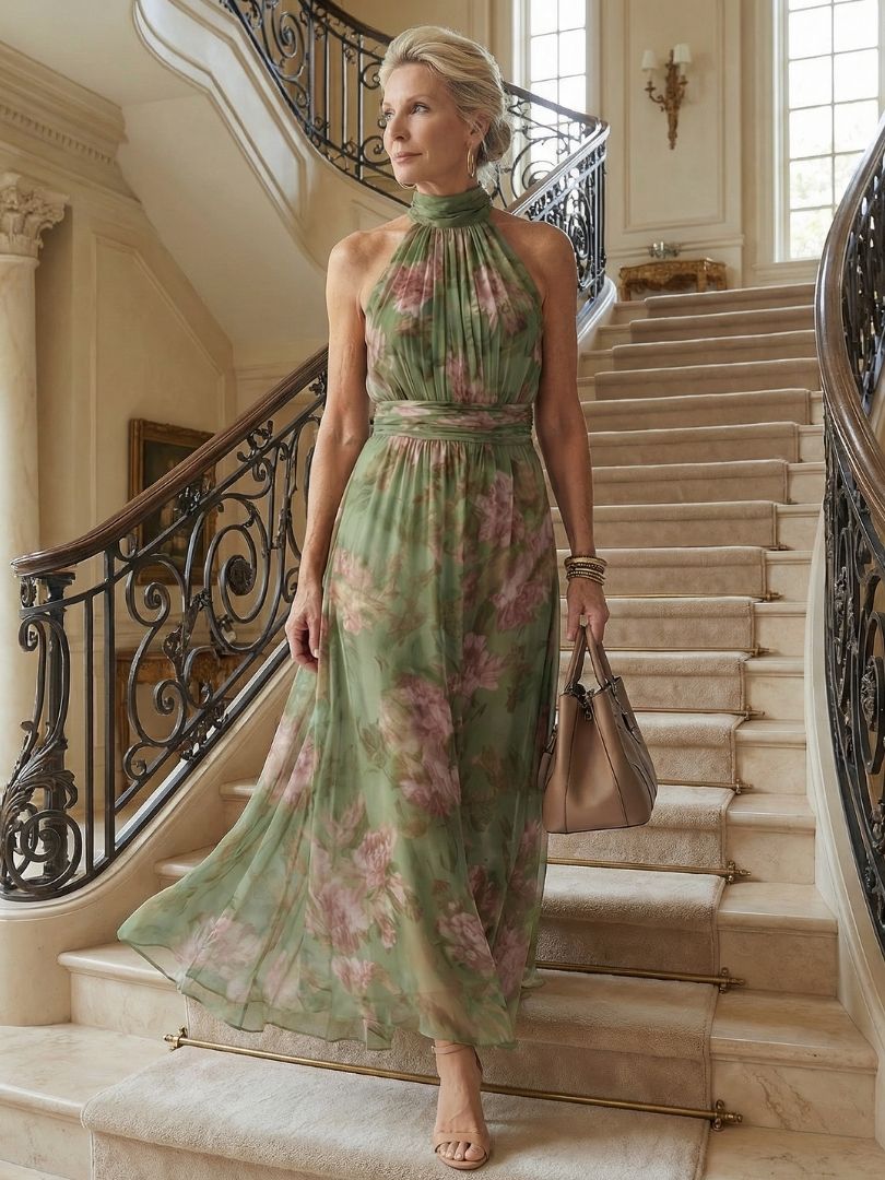 Laura – Vestido midi halter con fruncido floral