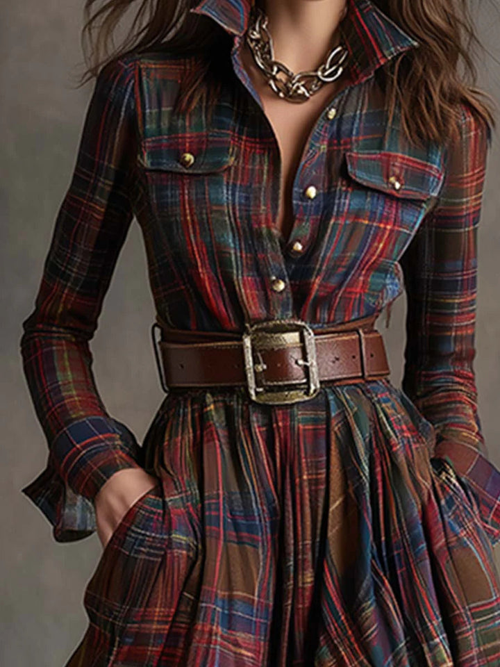 Beatriz – Vestido largo elegante de cuadros con cinturón