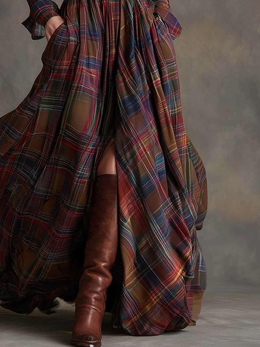 Beatriz – Vestido largo elegante de cuadros con cinturón